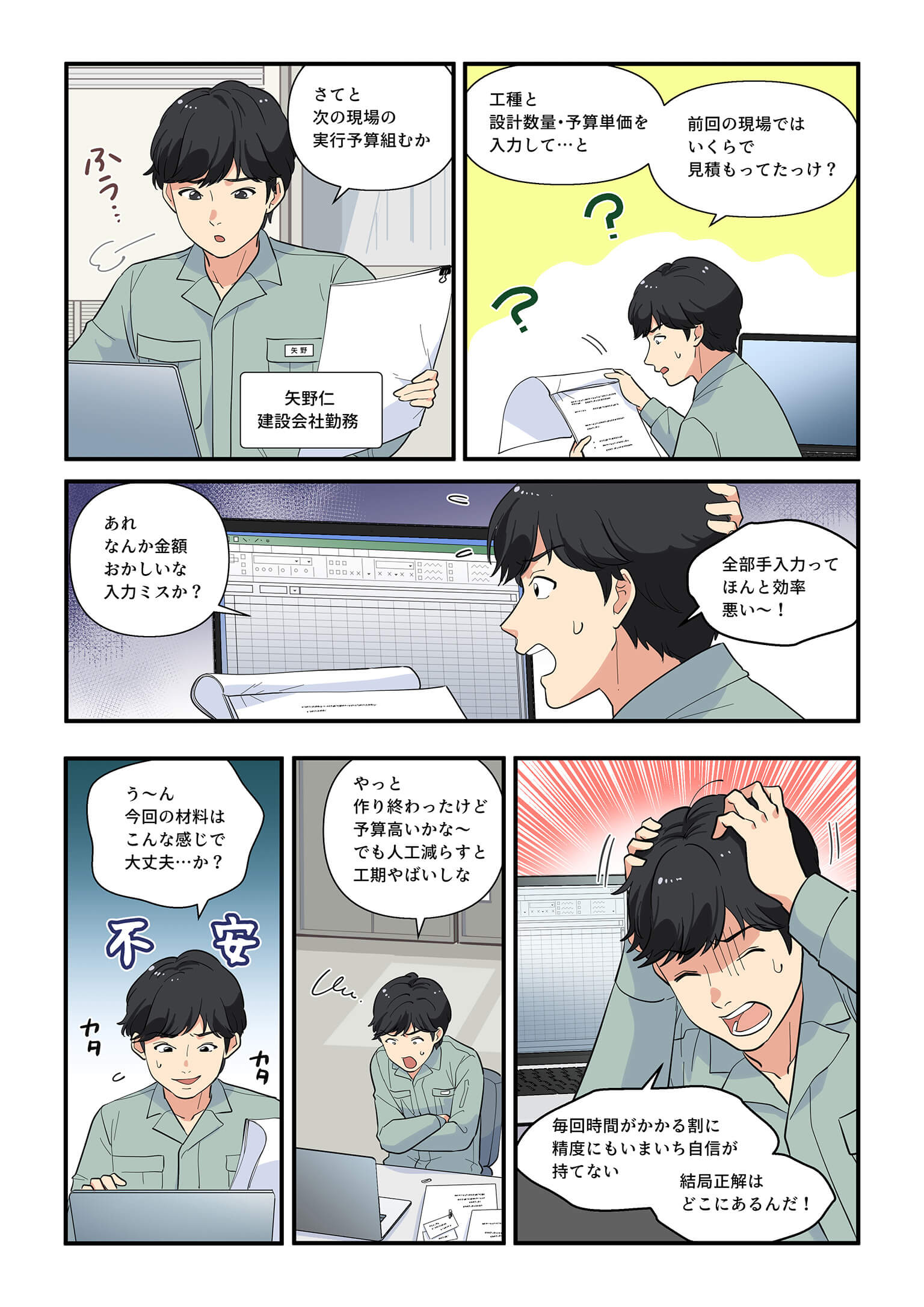 実行予算を手作業で作成し、入力ミスや精度への不安に悩む主人公。効率の悪さに苛立つ。