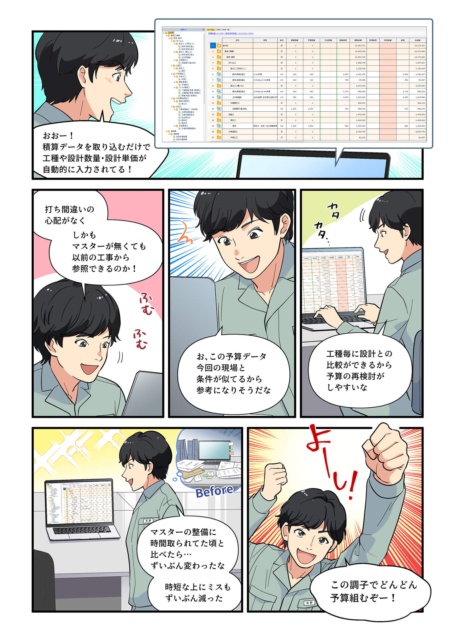 積算データの自動入力に驚く主人公。過去の工事データを参考に予算を作成している