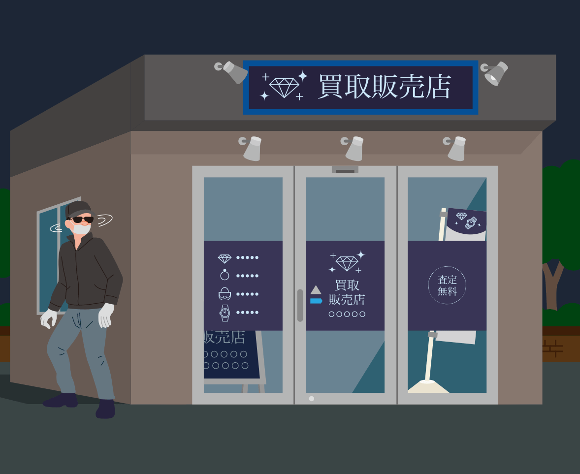 窃盗犯が店舗の様子を伺う