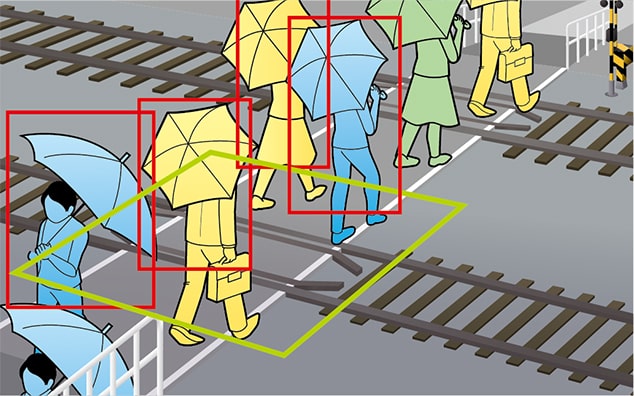 混雑した踏切道で傘をさしている人